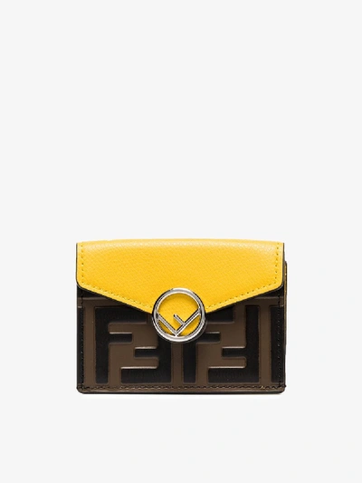 Shop Fendi Yellow And Brown Logo Trifold Leather Wallet