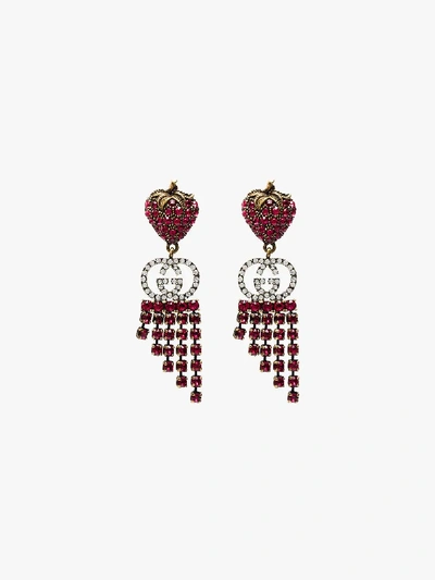 Shop Gucci Red Crystal Strawberry Gg Drop Earrings