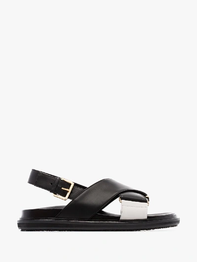 Shop Marni Black Fussbett Leather Flat Sandals