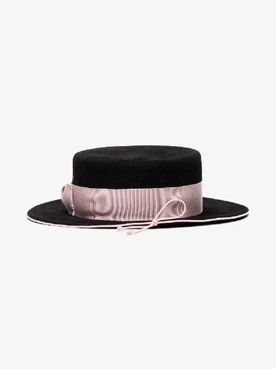 Shop Ruslan Baginskiy Black And Pink Ribbon Trim Boater Hat