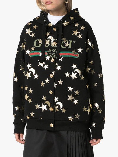 Shop Gucci Star And Moon Print Button Up Hoodie In Black