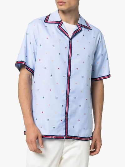 Shop Gucci Tape Logo Print Bowling Shirt In Blue