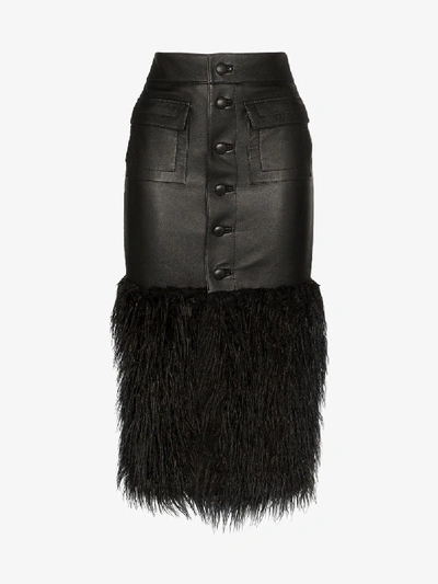 Shop Saint Laurent Fitted Leather Faux Fur Midi Skirt In Black