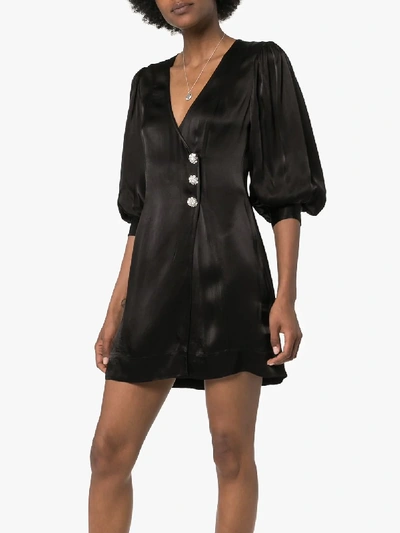 Shop Ganni Balloon Sleeve Silk Mini Dress In Black