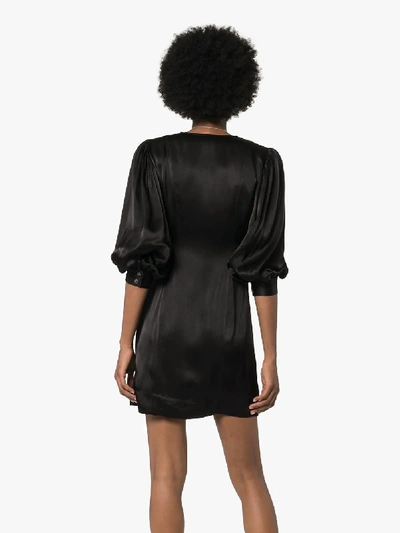 Shop Ganni Balloon Sleeve Silk Mini Dress In Black