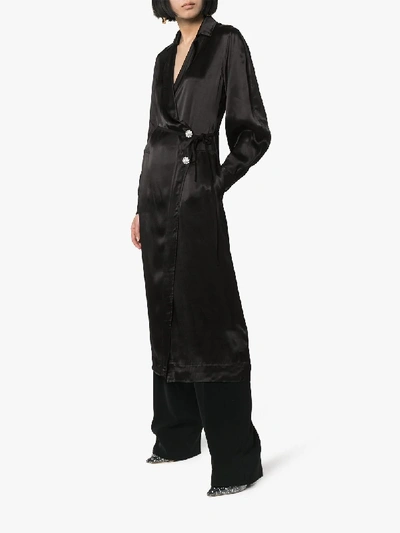 Shop Ganni Collared Belted Satin Midi Dress In Black