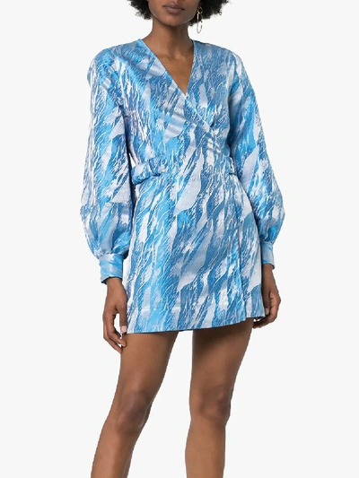 Ganni Graphic-print Jacquard Mini Wrap Dress In Blue | ModeSens