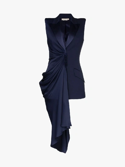 Shop Alexander Mcqueen Asymmetric Draped Sleeveless Blazer In Blue