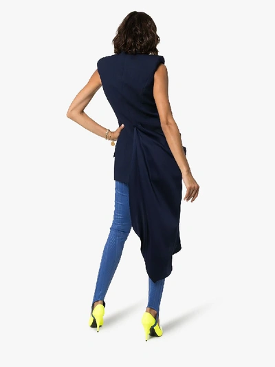 Shop Alexander Mcqueen Asymmetric Draped Sleeveless Blazer In Blue