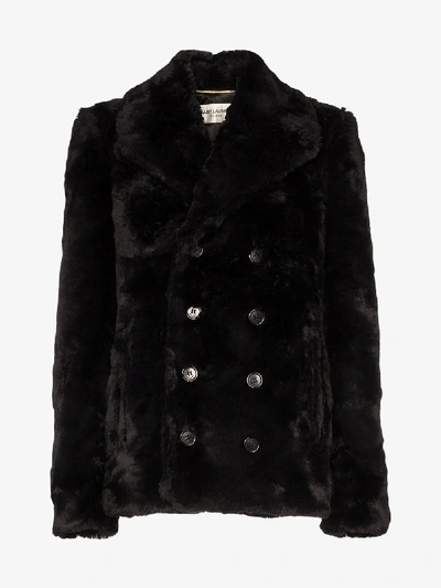 Shop Saint Laurent Faux Fur Peacoat In Black