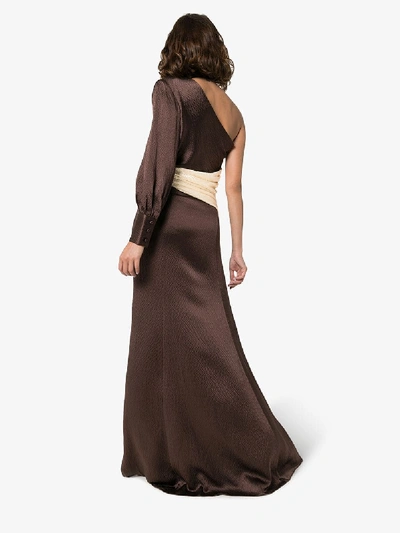Shop Rebecca De Ravenel One Shoulder Waist Sash Silk Gown In Brown
