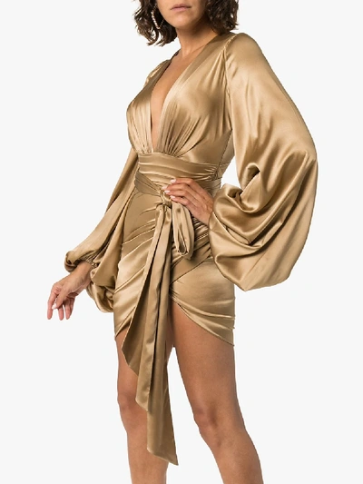 Shop Alexandre Vauthier Bell Sleeve Ruched Mini Dress In Neutrals