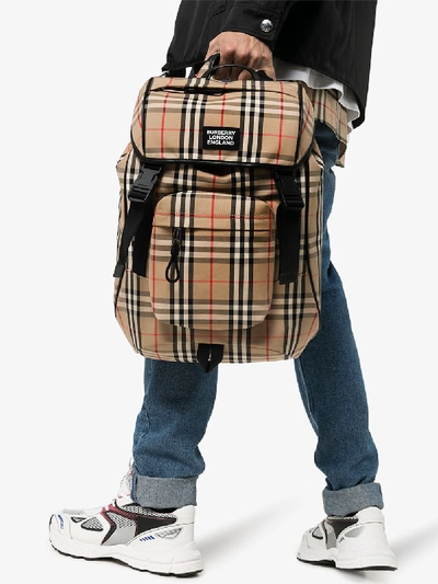 Shop Burberry Beige Vintage Check Print Backpack In Neutrals