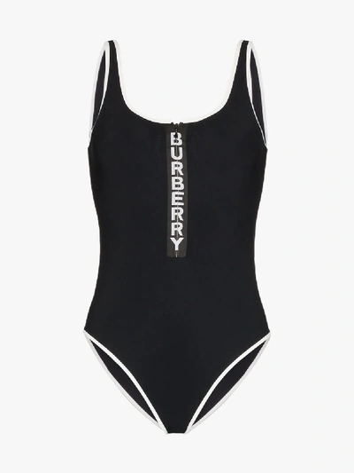 Shop Burberry Logo Zip Front Swimsuit In Black