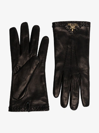 Shop Prada Black Logo Leather Gloves