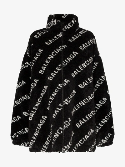 Shop Balenciaga Oversized Logo Fleece Jacket In 1001  Black White