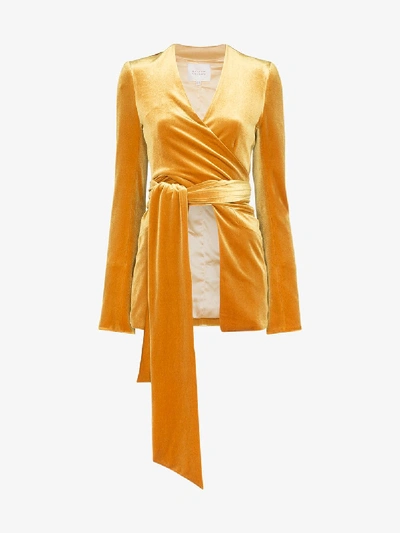 Shop Galvan Wrap Front Velvet Jacket In Yellow