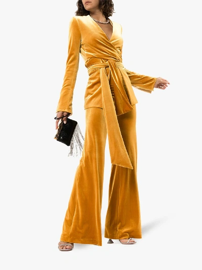 Shop Galvan Wrap Front Velvet Jacket In Yellow