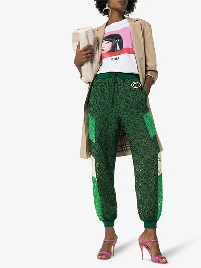 Shop Gucci Embroidered Lace Track Pants In Green