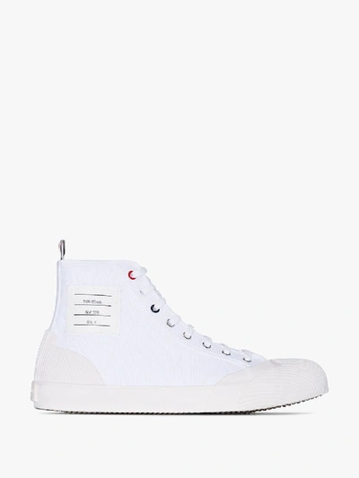 Shop Thom Browne White High Top Vulcanised 4-bar Canvas Sneakers