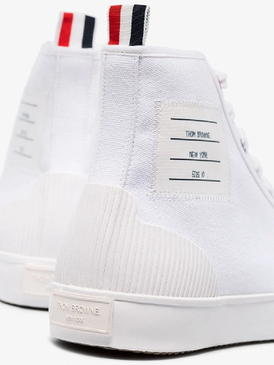 Shop Thom Browne White High Top Vulcanised 4-bar Canvas Sneakers