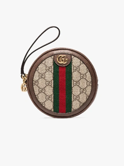 Shop Gucci Brown Round Gg Logo Stripe Wrist Wallet