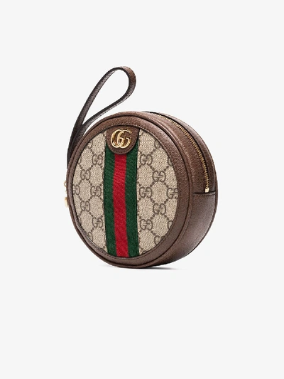 Shop Gucci Brown Round Gg Logo Stripe Wrist Wallet