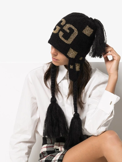 Shop Gucci Black Mohair Tasselled Logo Hat