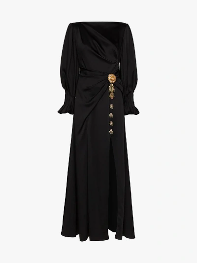 Shop Peter Pilotto Jewel Brooch Silk Maxi Dress In Black