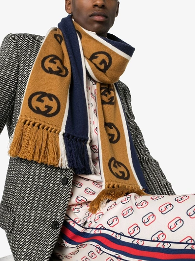 Shop Gucci Navy And Brown Striped Gg Scarf In Blue