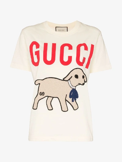 Shop Gucci Lamb Print Logo Cotton T-shirt In Neutrals