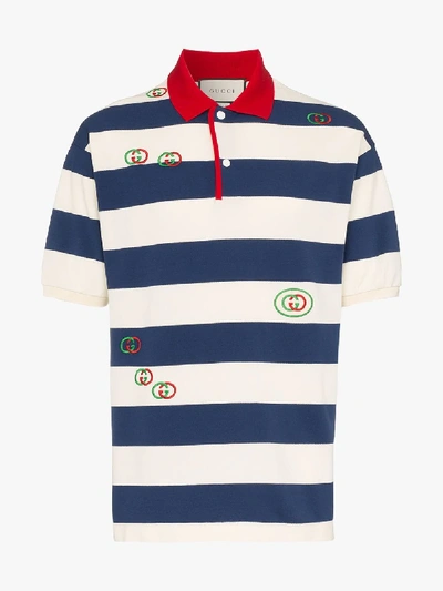 Shop Gucci Logo Embroidered Striped Polo Shirt In Neutrals