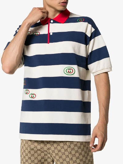 Shop Gucci Logo Embroidered Striped Polo Shirt In Neutrals