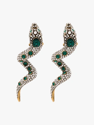 Shop Gucci Gold Tone Snake Crystal Earrings In Green