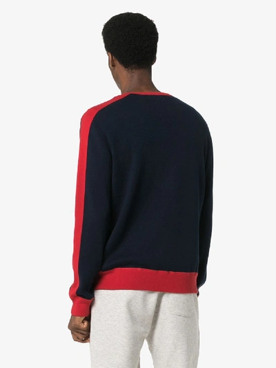 Shop Polo Ralph Lauren Logo Contrast Stripe Cotton Sweater In Blue
