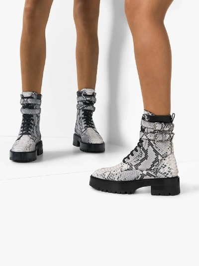 Shop Amiri Grey Double Buckle Python Print Ankle Boots