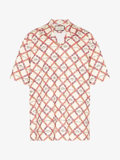 Shop Gucci Oversized Paper Effect Bowling Print Shirt In Neutrals