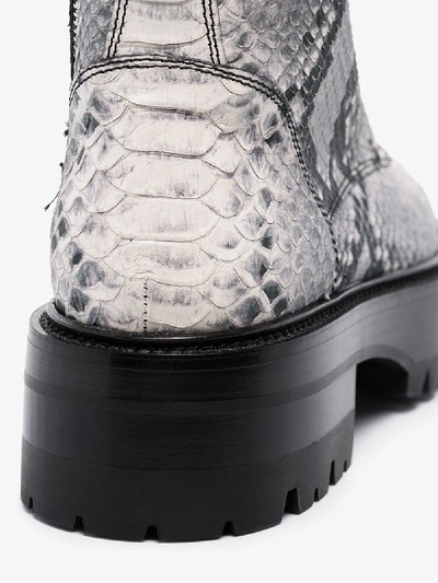 Shop Amiri Grey Double Buckle Python Print Ankle Boots