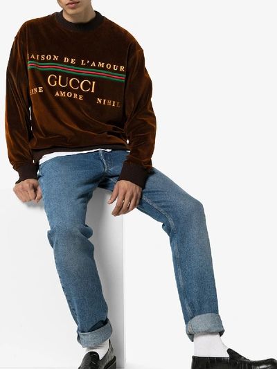 Shop Gucci Logo Embroidered Velvet Sweatshirt In Brown