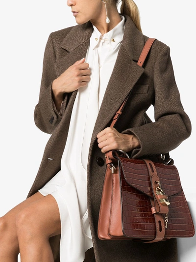 Shop Chloé Brown Aby Croc-embossed Leather Shoulder Bag