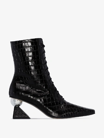 Shop Yuul Yie Black Gloria 70 Croc-embossed Leather Boots