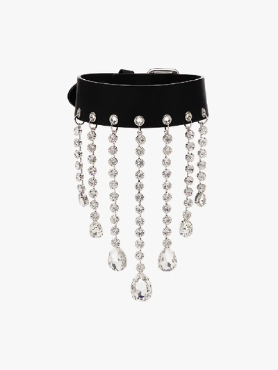Shop Alessandra Rich Black Crystal Leather Choker Necklace