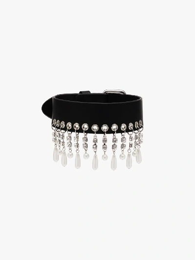 Shop Alessandra Rich Black Pearl Drop Leather Choker Necklace