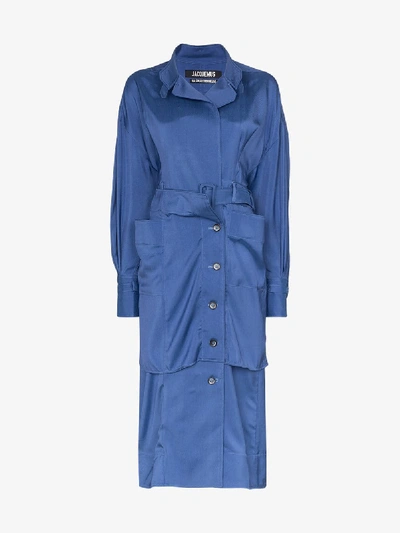 Shop Jacquemus Button-down Belted Silk Shirt Dress In Blue