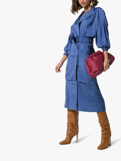 Shop Jacquemus Button-down Belted Silk Shirt Dress In Blue