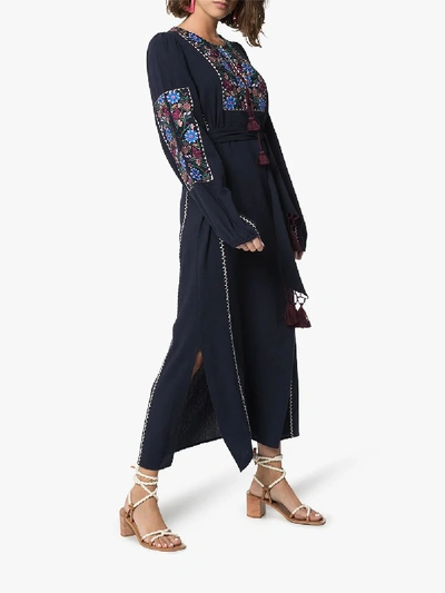 Shop Figue Joni Floral Embroidery Belted Dress In Blue