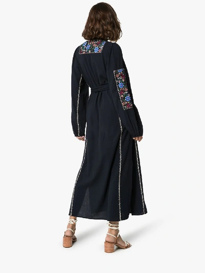 Shop Figue Joni Floral Embroidery Belted Dress In Blue