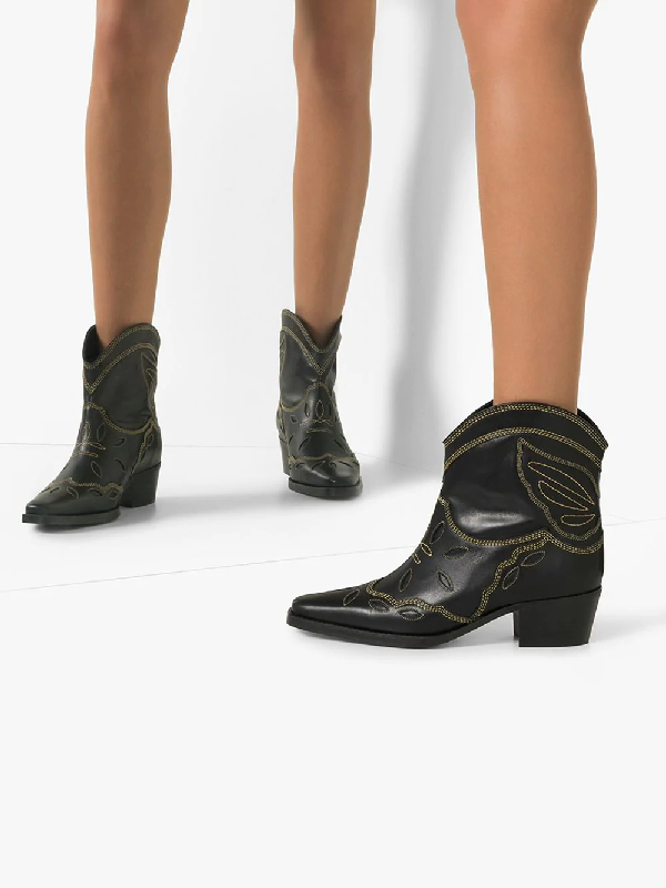 Ganni Low Texas Leather Cowboy Boots In Black | ModeSens