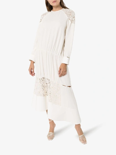 Shop Tibi Asymmetric Hem Lace Detail Midi Dress In Neutrals