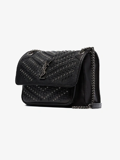 Shop Saint Laurent Black Niki Woven Detail Logo Shoulder Bag